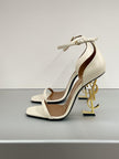 Saint Laurent Opyum Sandal – Cuir ivoire talon YSL doré bride cheville